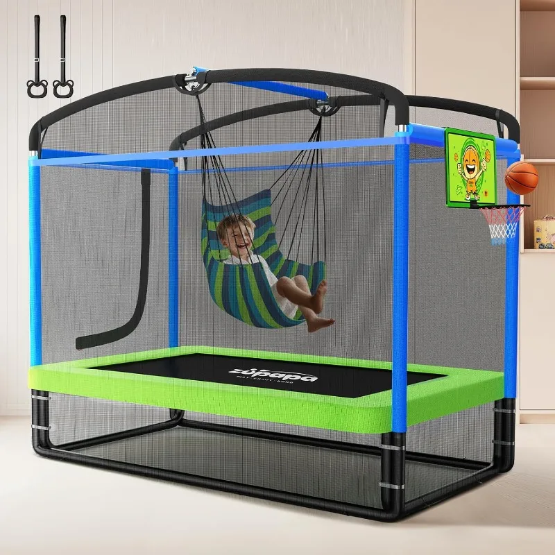 

Zupapa 4X6FT Rectangle Trampoline with Hammock Chair, Basketball Hoop, and Safety Net - for Toddlers Ages 3-6, 220LBS Capacity
