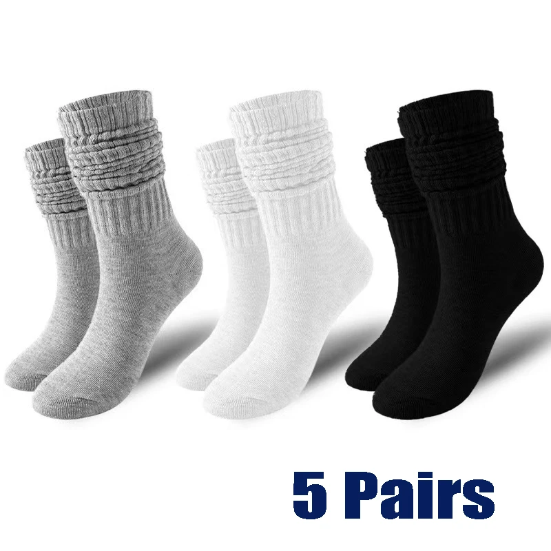 5 pares de calcetines largos de tubo para hombre, calcetines de tubo sueltos para primavera y otoño, calcetines versátiles de moda de Color sólido negro, blanco y gris