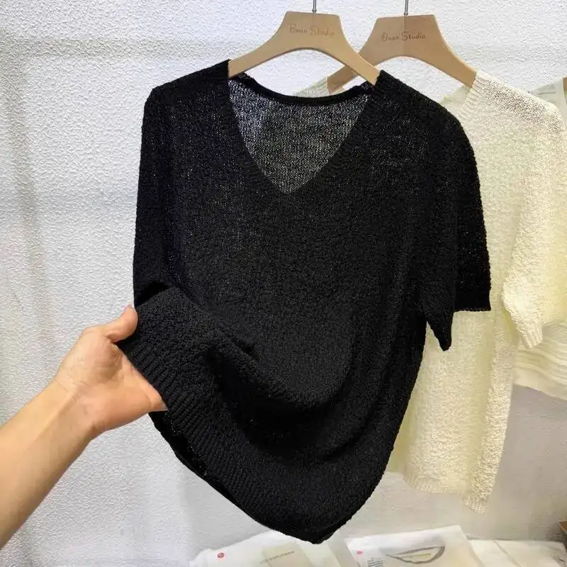 

Вязаный свитер с v-образным вырезом и короткими рукавами, женский свободный летний новый стильный корейский простой и стильный топ