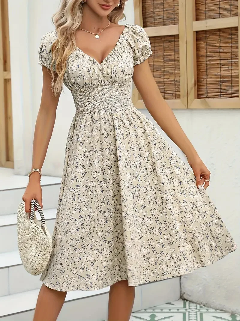 NONE Vintage-Blumenkleid mit flauschigen Bündchen und plissierter Taille, geeignet für Sommer-Strandbekleidung und Sommerpartys für Damen 4
