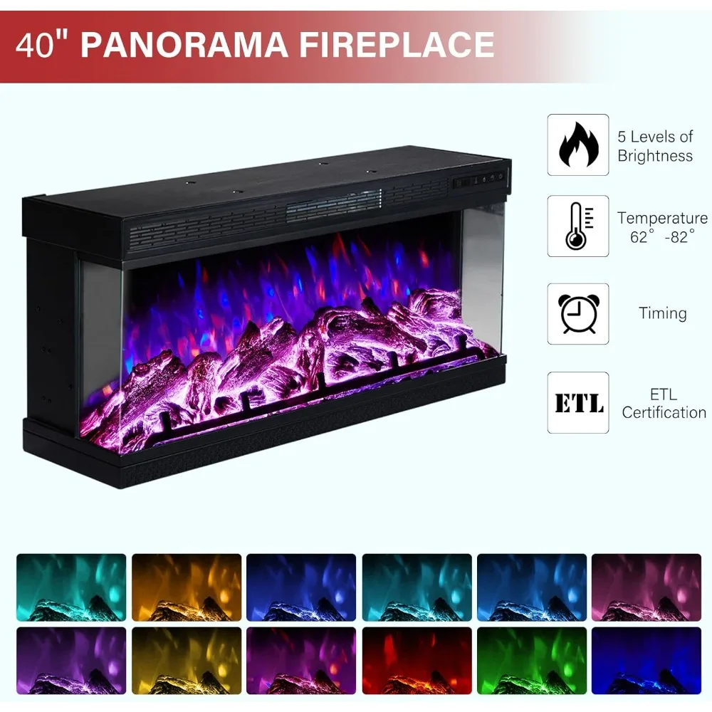 Supporto TV per camino elettrico 75 con vetro a 3 lati, centro multimediale in stile fattoria con armadio portaoggetti con porta in vetro