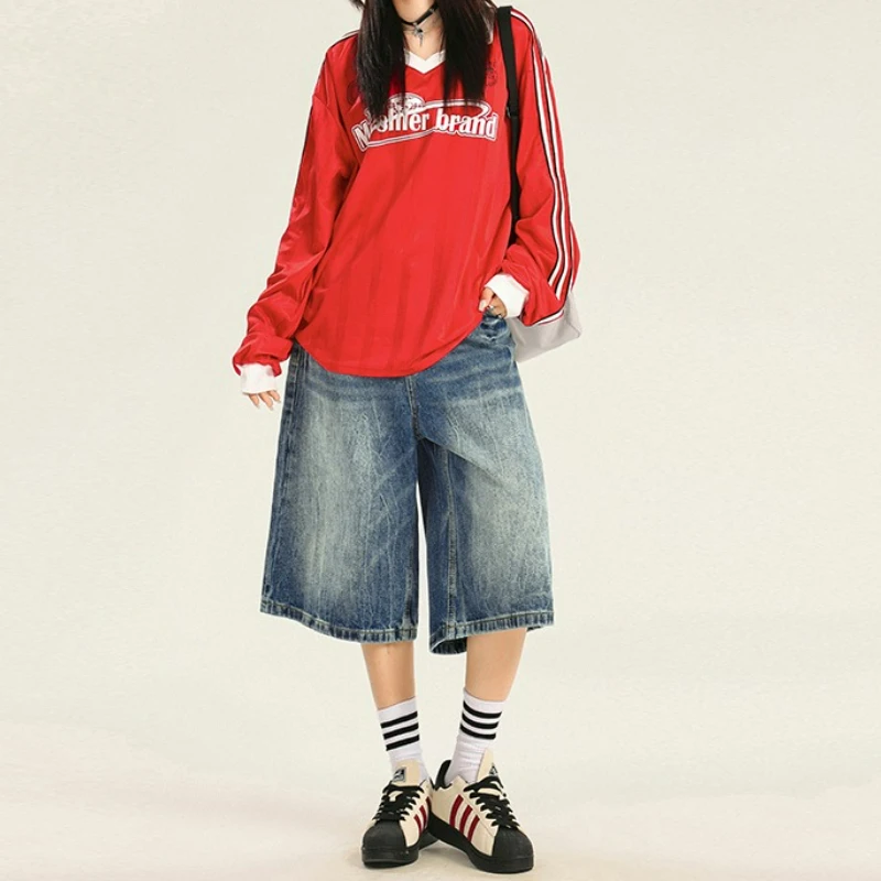 

Винтажные потертые свободные однотонные брюки с рисунком молний для женщин, модные уличные прямые джинсы, капри, свободные короткие джинсы, летние