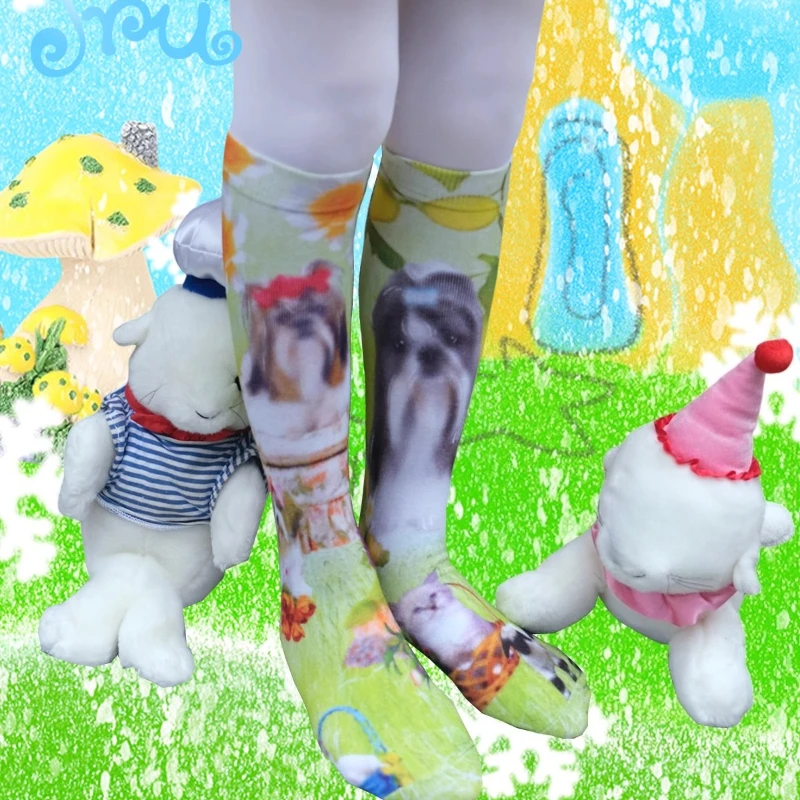 Four Seasons Socks Women's New Green Thin Hosiery Cartoon Printed Kawaii Versatile Sweet Cute Ladies Medium Tube Stockigs Female