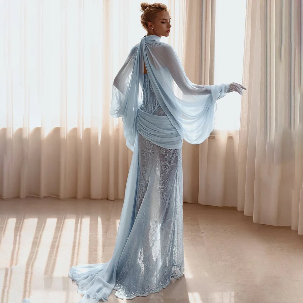 

Chiffon Women's Dresses Strapless Backless Sheath High Slit Lace Illusion Evening Gown with Detachable Cape Beach Wedding Wear