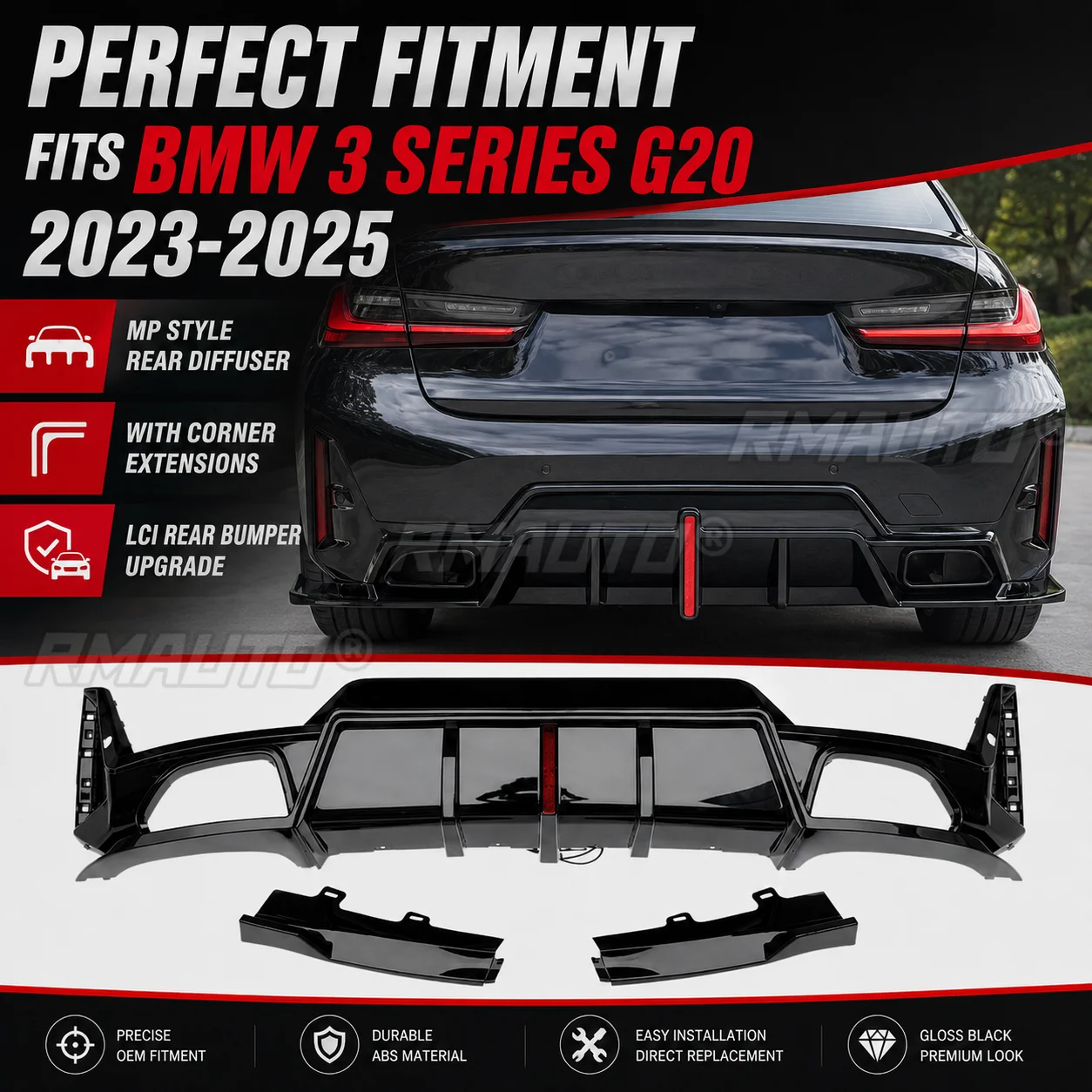MP Style Rear Diffuser Rear Lip With LED Light Corner Extensions For BMW 3 Series G20 2023-2025 Car Accessories