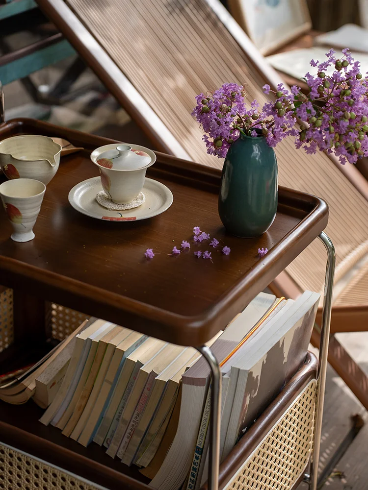 Solid wood mobile trolley living room sofa side coffee table bedside table storage rack retro style snacks French