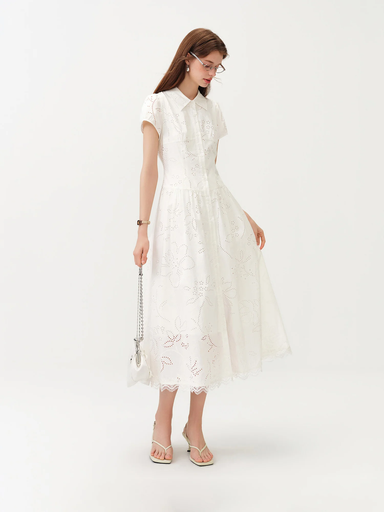FSLE Women's Light French Style Cotton Lapel Hollow-out Print Waist-Fitted Short Sleeve Shirt Dress 2026 Summer New Arrival