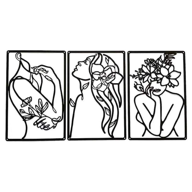 AEE8-3 Pieces Metal Minimalist Abstract Woman Wall Art Line Drawing Wall Art Decor Single Line Female Home Hanging Wall Decor