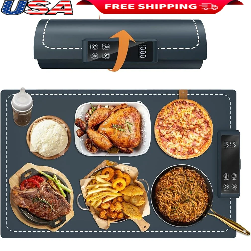 

Electric Warming Tray Graphene Heating Mat Flexible Silicone Food Warmer Adjustable Temperature Buffet Party Auto Shut Off 260W