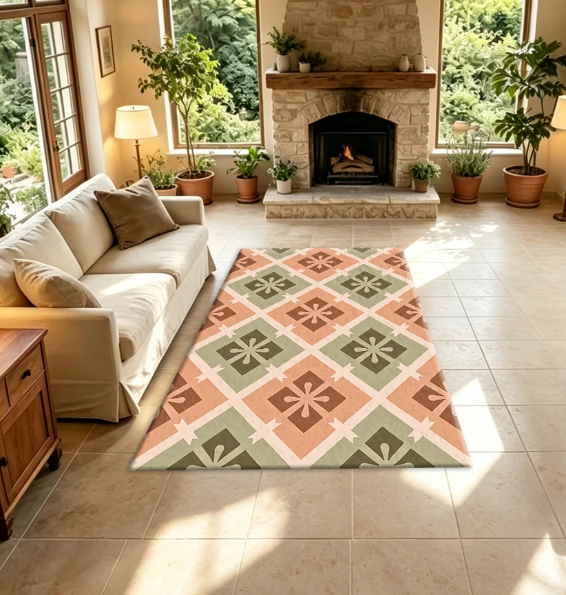 Retro Earth Tone Floral Geometric Carpet Flooring Rustic Household Living Room Floor Rug