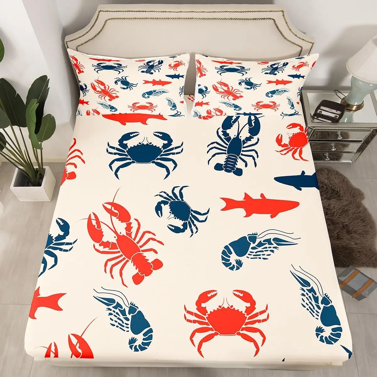 Ocean Crab Fitted Sheet Twin Queen Nautical Sea Animal Bed Sheets Set Marine Life Sheet Set Underwater Animal Deep Pocket Sheet