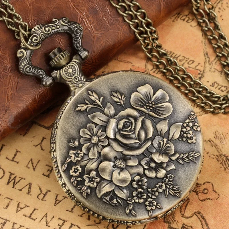 Classical 3D Rose Flower Case Men Women Arabic Number Quartz Pocket Watch Sweater Necklace Chain Collectable Timepiece Gift