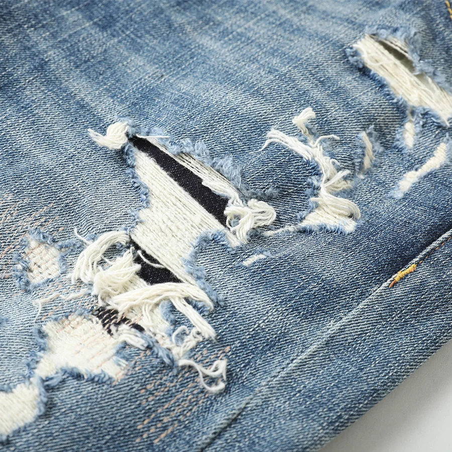 Hombre Fashion New Men's Jeans Scratch Washed Nostalgic Stretch Slim Fit Retro Light Blue Perforated Patch Jeans Casual Pants H