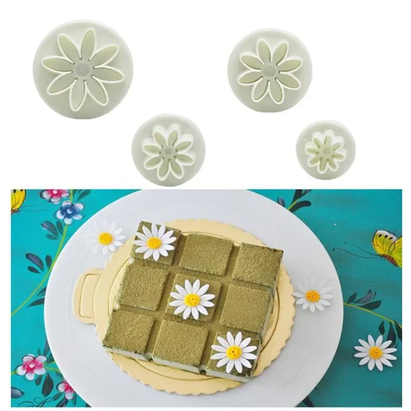 4Pcs/lot Daisy Flower Cake Plunger Fondant Cookie Cutter Mold Plum Cake Decorating Tools Sugarcraft Biscuit Stamping Mold