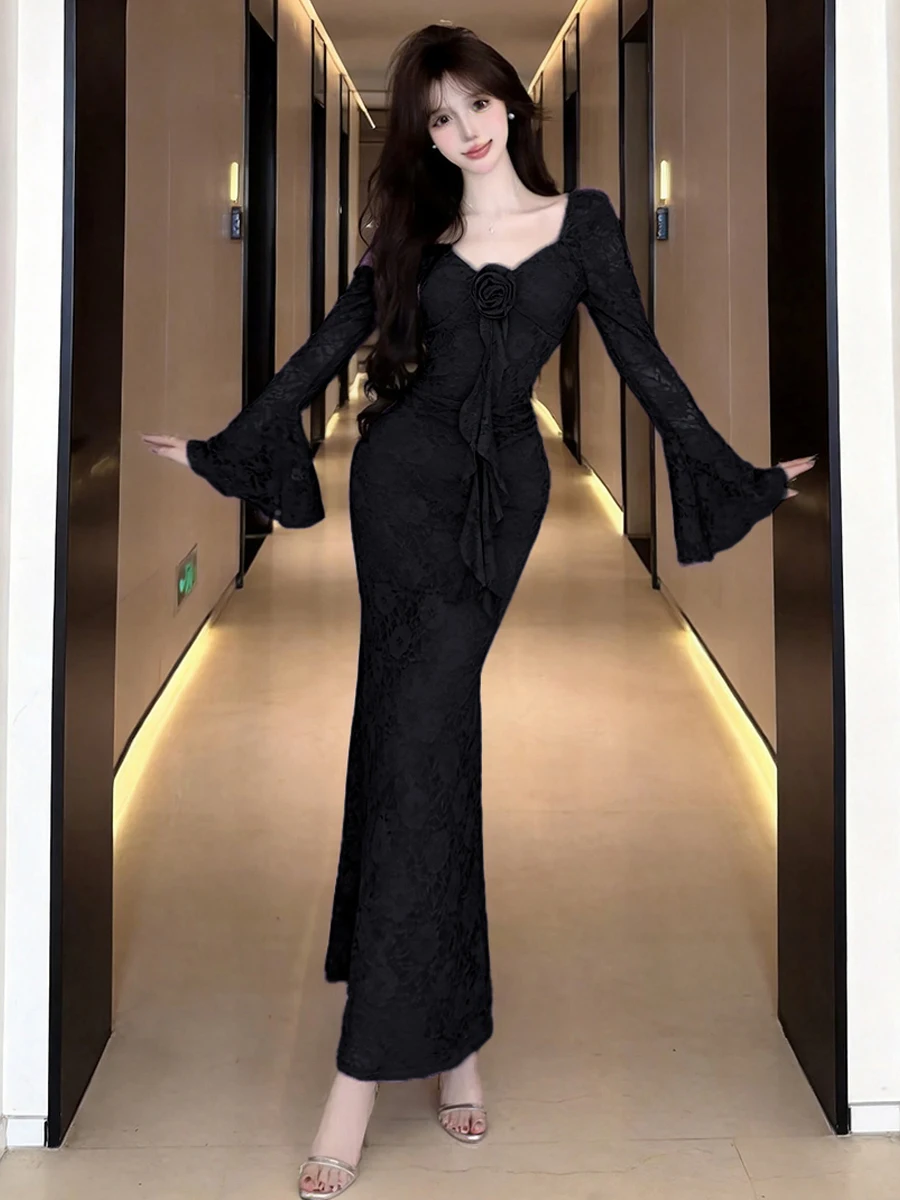 Sexy Lace Hook Flower Dress Square Collar Two-Way Wear Slim Fit Waist Cinch Fish Tail Long Dress French Style Pure Color Spri...