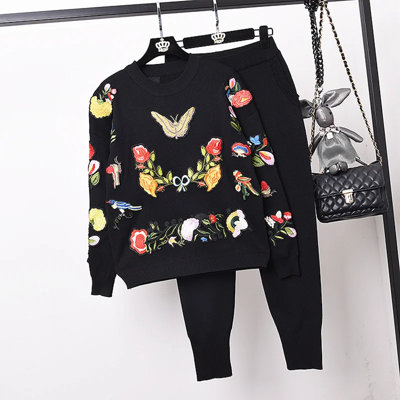 Korean Fashion Butterfly Embroidery Flowers Knitted Tracksuit Women Outfits Loose Black Pullover Sweater Long Pants Set Female