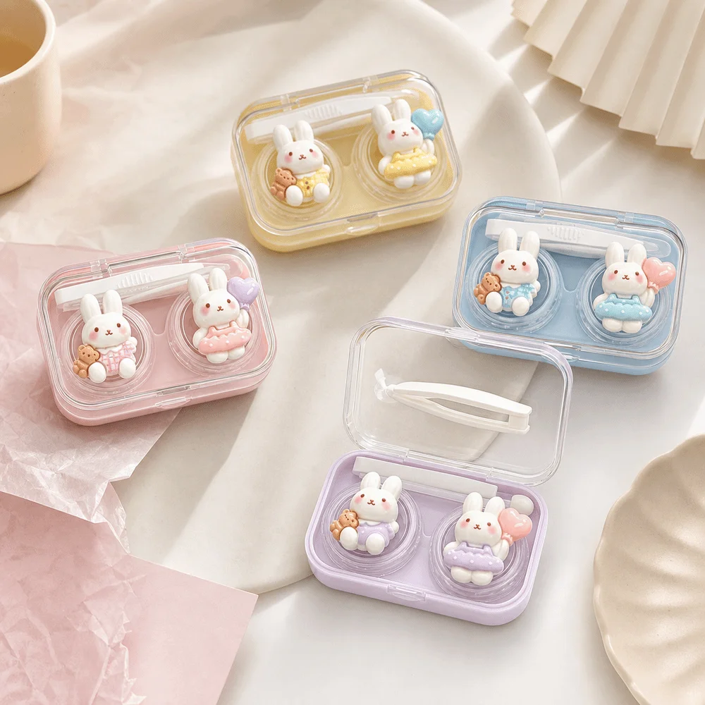 Cartoon Bunny Contact Lens Case Wearing Tool Included Portable Contact Lens Box Double Compartment Mini Storage Box