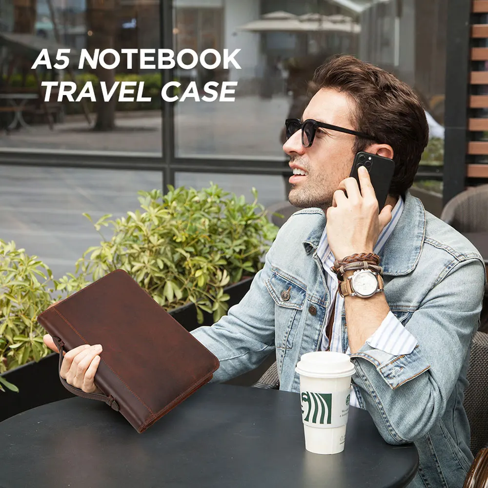 Genuine Leather A5 Zipper Journal Cover Portable Travel Notebook Case Handbag Phone Pocket Traveler Office Stationery Storage