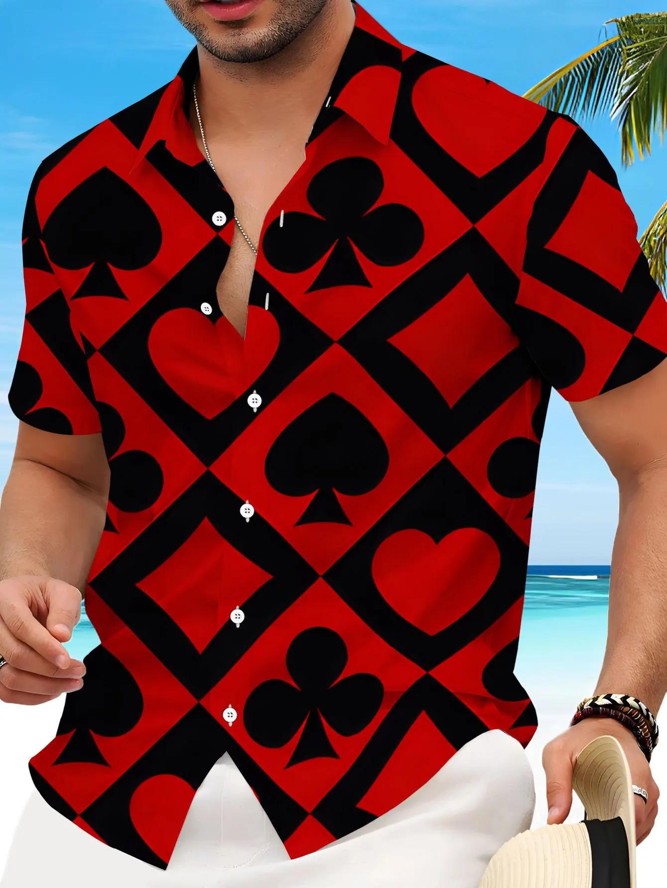 Men Short Sleeve Button Down Shirt Red Black Poker Suit Print Polyester Lapel Collar Casual Beach