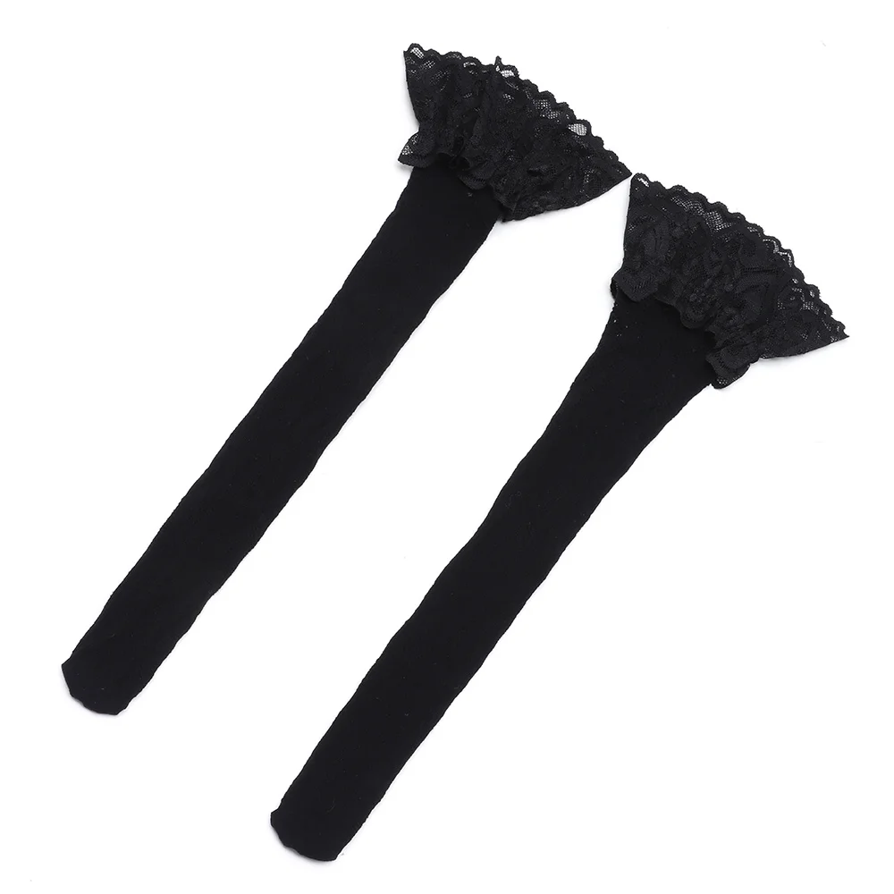 Wide Lace Trim Thigh High Stockings Rose Embroidery Jacquard Over Knee Stockings Sheer Hollowed Jacquard Mesh Pantyhose