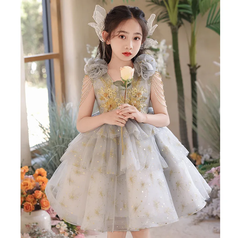 Vestido de lantejoula tutu com flores para crianças, vestido de noiva decote em v para crianças, vestidos princesa para bebê e bebê, vestido de festa para meninas, luxo e luxo