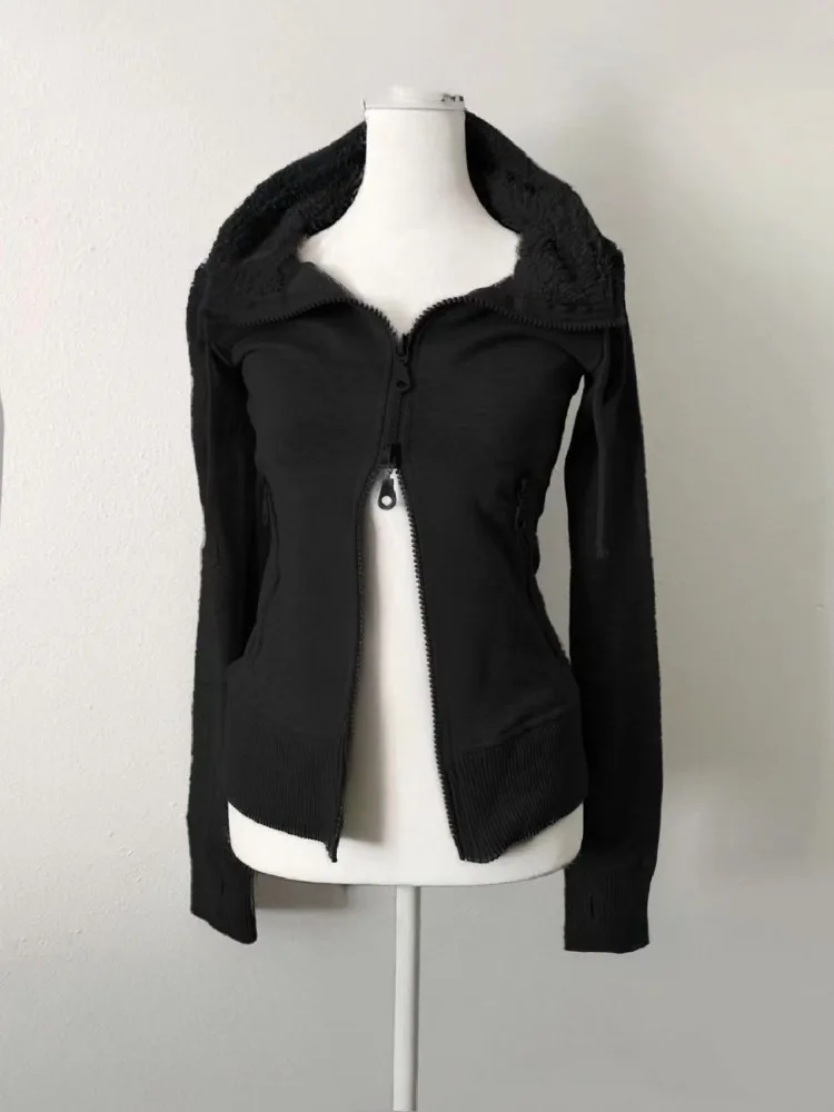 レトロ新作春秋グレーラムズウールダブルジッパーデザインヴィンテージフード付きスウェットシャツカーディガン原宿固体ぬいぐるみダークファッション