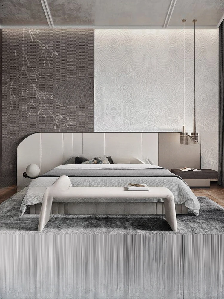 Fabric double bed, master bedroom cloth soft bed, double bed in contrasting color premium gray model room image 2