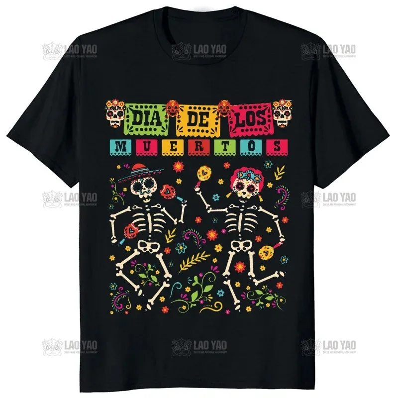 Odzież męska Dia De Los Muertos Day of The Dead Mexican Skeleton Dancing T Shirt Women Hombre Estetyczny nadruk T-shirt Camisetas