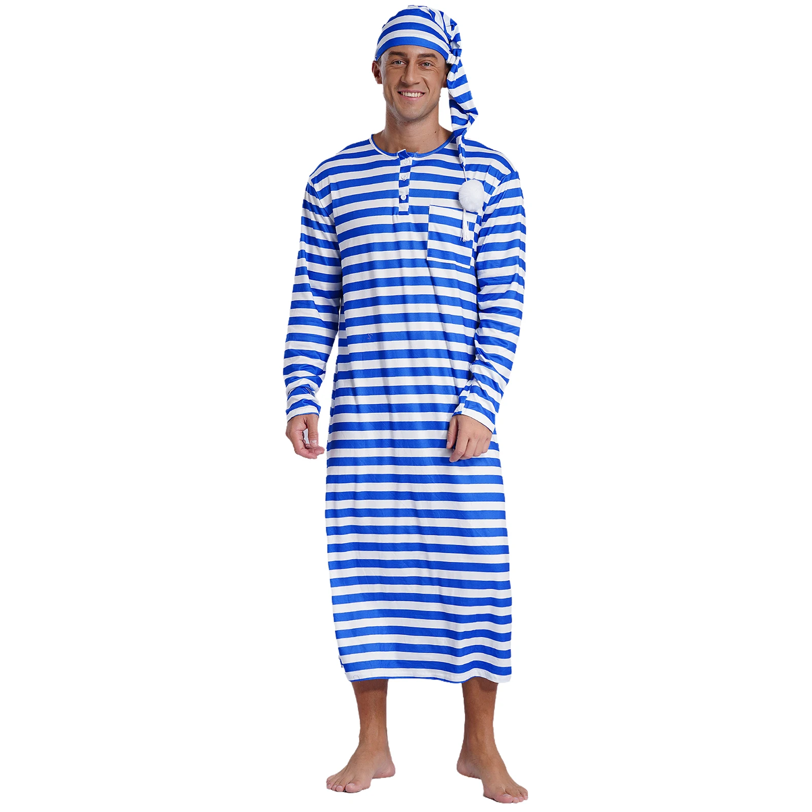 Mens Loose Long Robe Sleepwear with Hat with Pom-pom Striped Sleep Robe with Hat Set Sissy Nightwear Arabian Muslim Pajamas