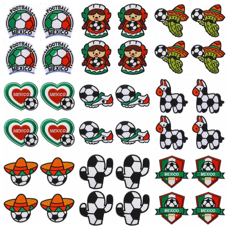 10 PCS/Set Mexico Football Soccer Embroidered Iron On Patches, Cute Cactus Sombrero Applique for Clothes Backpack DIY Decoration