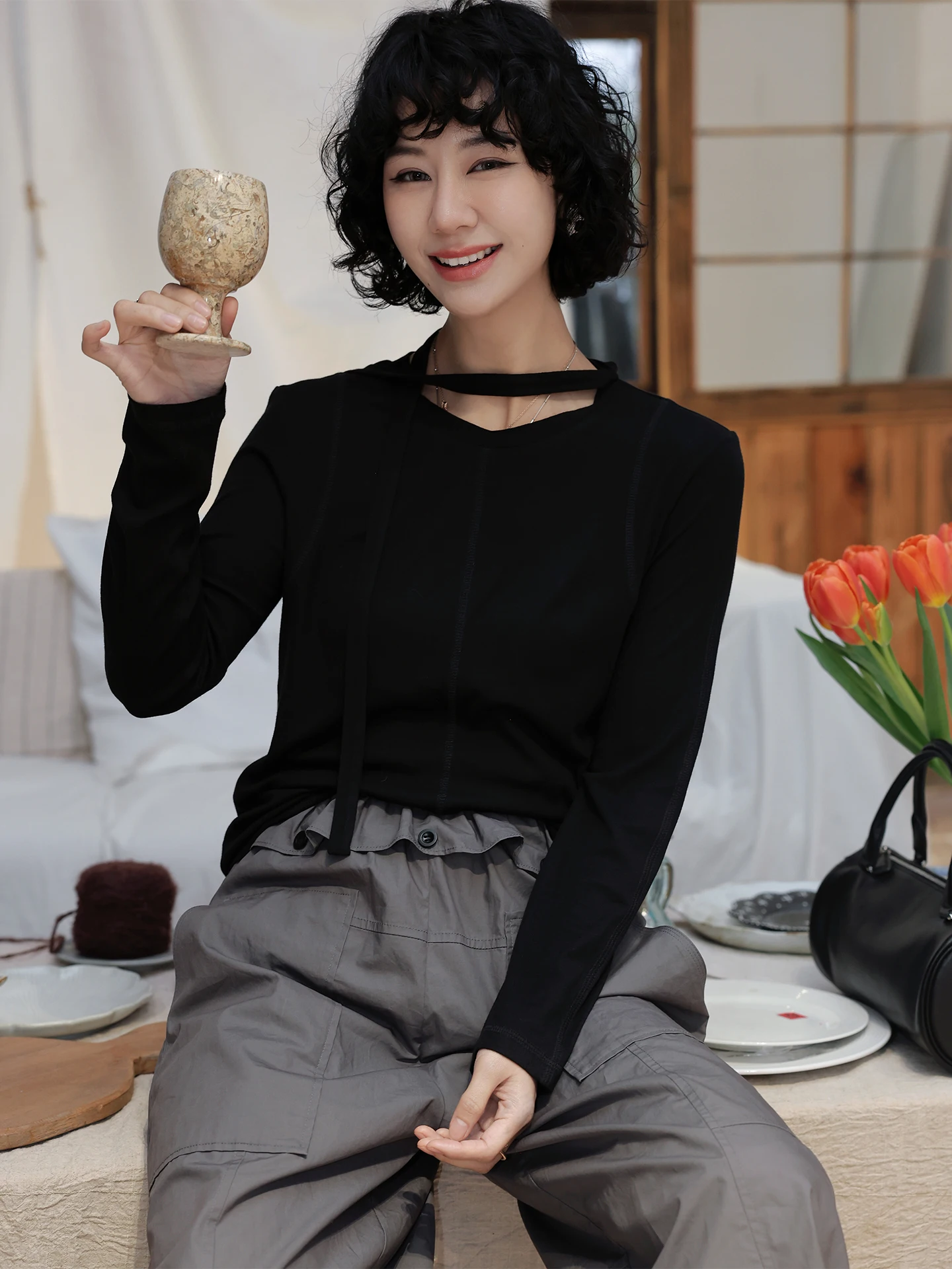 

TT Gentle Poem Black Long Sleeve round Neck T-Shirt Spring New Style Inner Wear Silk Wool Women's Fashion Slim Fit