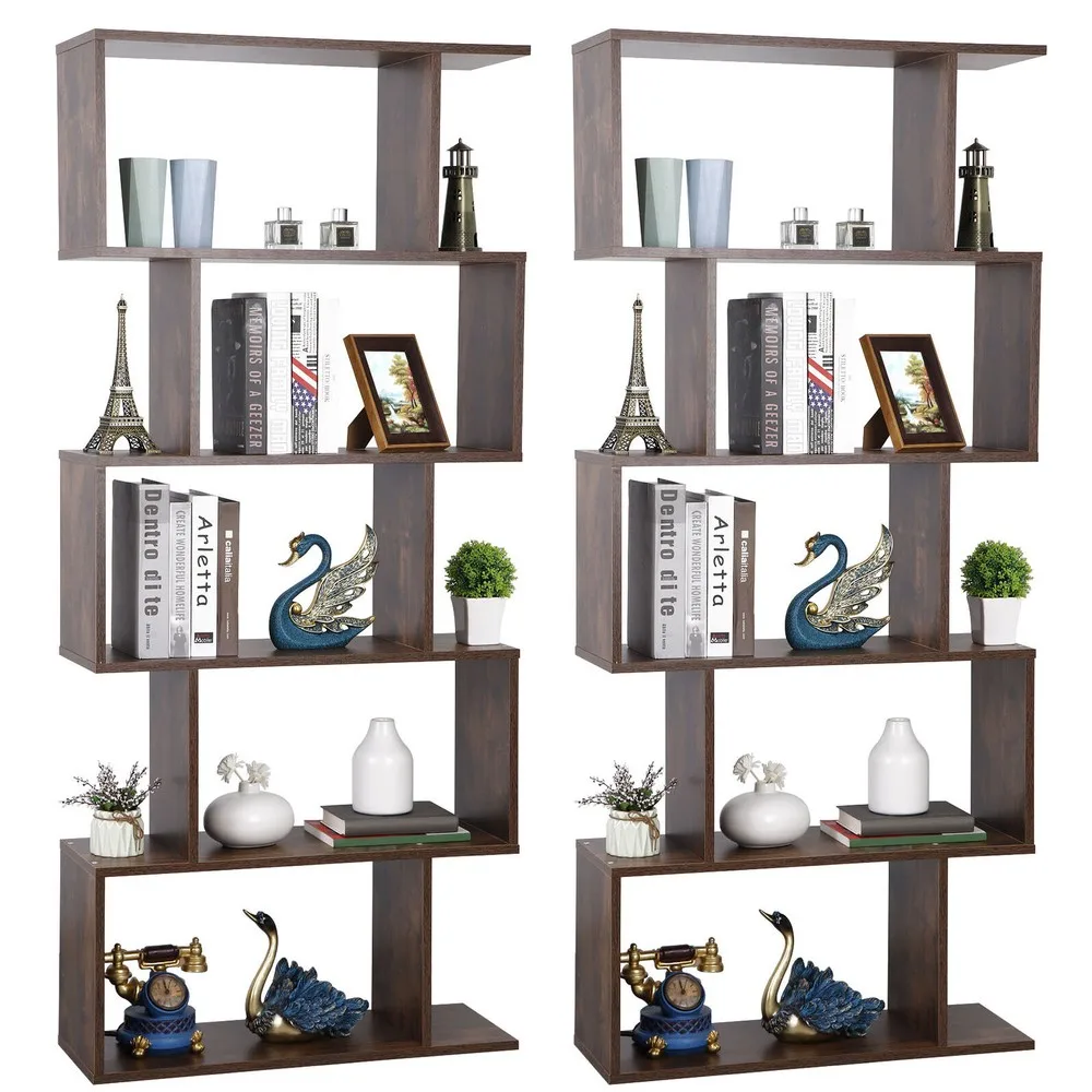 

2 Pack 5-Tier Wood Geometric Bookshelf Freestanding S-Shaped Display Bookcase
