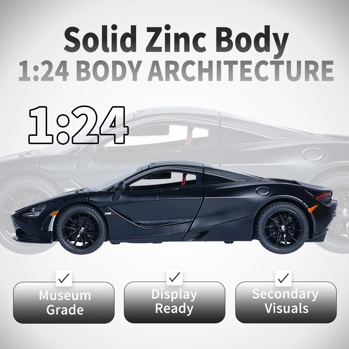 1:24 Black Alloy Supercar Model,Halloween/Christmas Gift,With Sound&Light,Pull Back,Butterfly Door+Front Cover Openable,Four Wheel Suspension