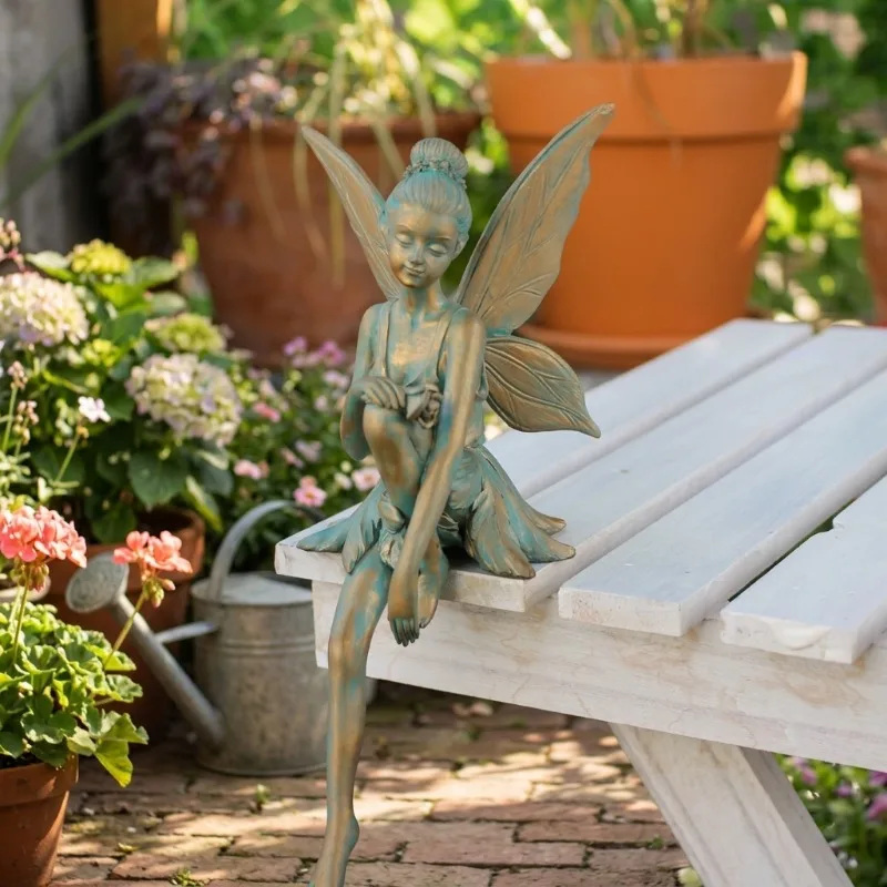 

Креативная фигурка феи из смолы с цветами, имитация медного цвета, с крыльями, сидящая, для сада и домашнего декора