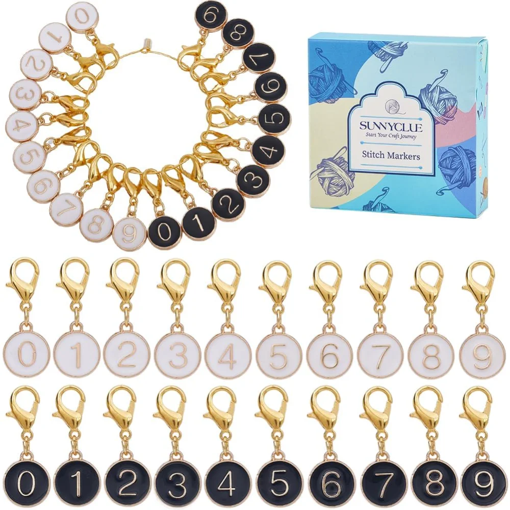 20PCS 10 STYLES Enamel Number Stitch Markers Lobster Clasp Charms Alloy Alphabet 0~9 Crochet Knit Locking Removable making kit