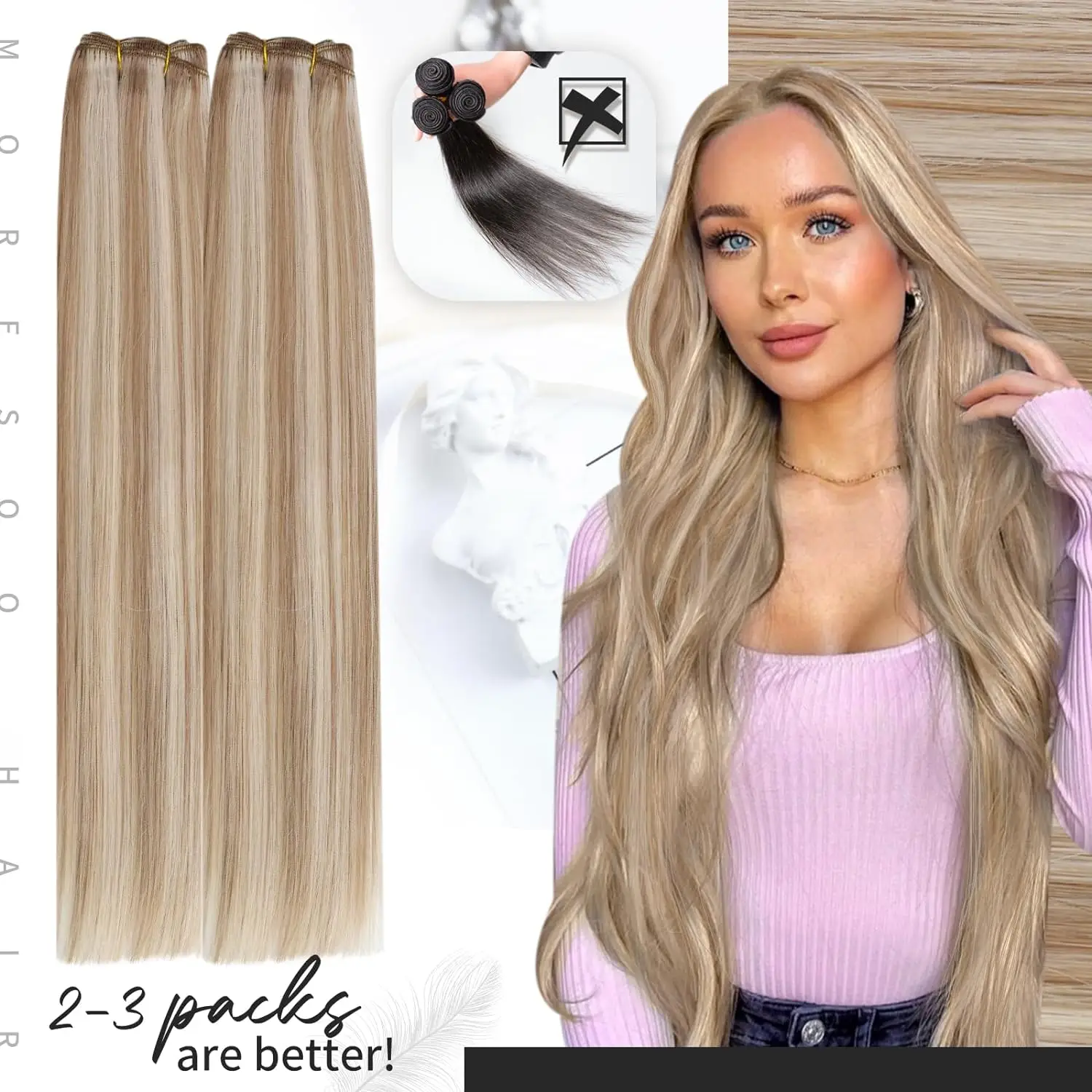 Moresoo Human Hair Weft Extensions Highlighted Sew in Extensions Human Hair Straight Remy Hair Double Weft 100g Weave Bundles