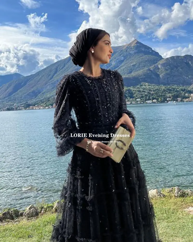 LORIE Elegant Black Cap Sleeves Prom Dresses Tulle Beaded 3/4 Sleeves Formal Evening Gown Party Dress Robes De Soirée Customized