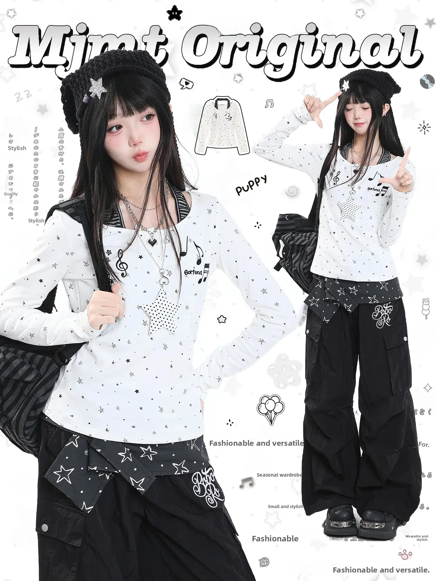 Sweet And Spicy Girl Star Note Long Sleeve Short T-Shirt Women's Slim Fit Stylish Autumn Top Casual Creative Print Fashionable