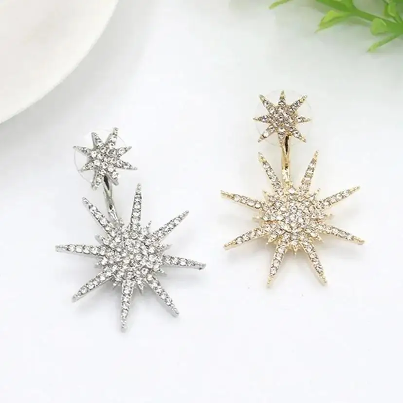 Korean Version Pointed Star Studded Diamond Earrings for Women's Minimalist Snowflake Back Hanging Starry Single Split Earrings