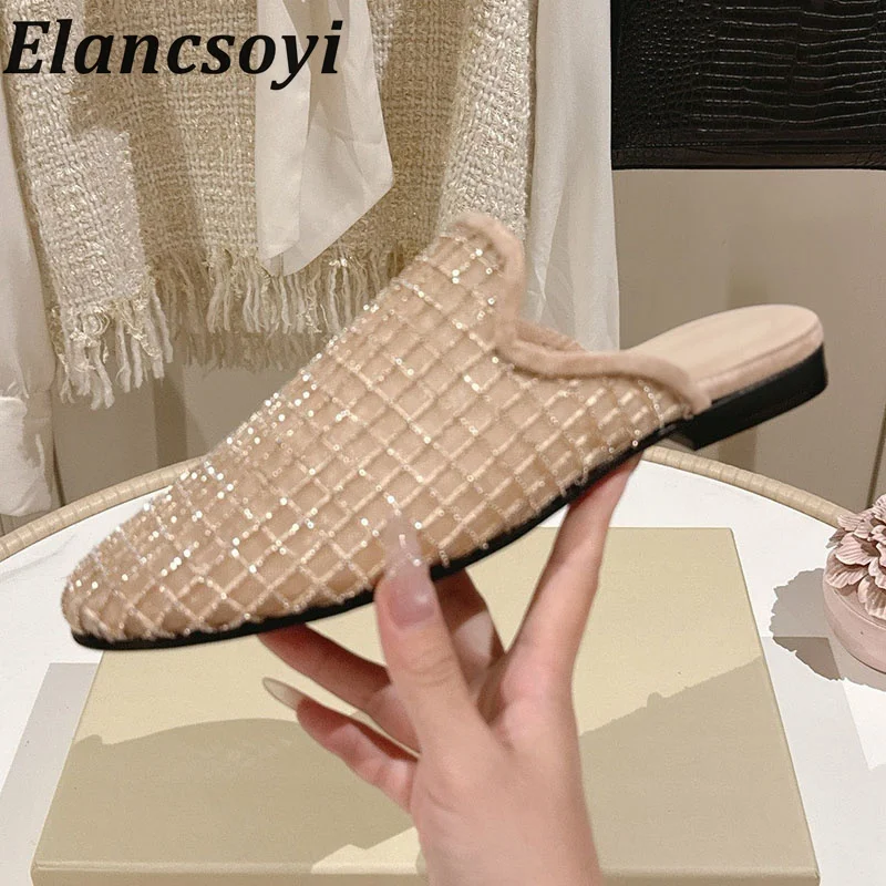 slippers Summer 2026 comfortable breathable metal bead decoration lazy slippers lightweight outdoor vacation casual flat shoes