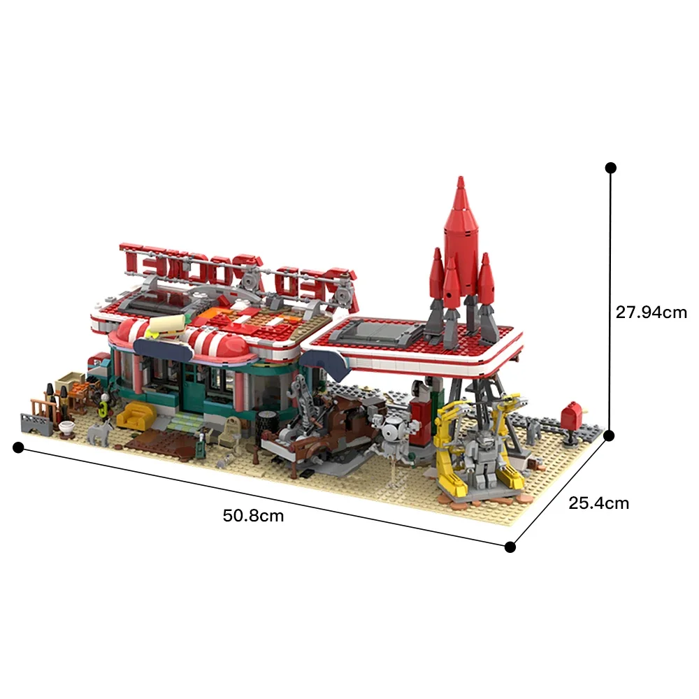 MOC City Hot Street View Space Launch Modular Red Rocket Gas Station ideas creativas para niños, juguete de ladrillos, regalo de cumpleaños