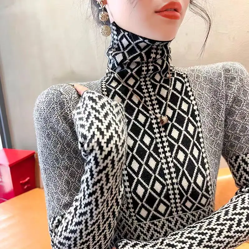 Jerséis básicos elásticos de lana suave con cuello alto para mujer, suéteres ajustados de Jacquard a cuadros Vintage para otoño e invierno, Tops cálidos para ir al trabajo