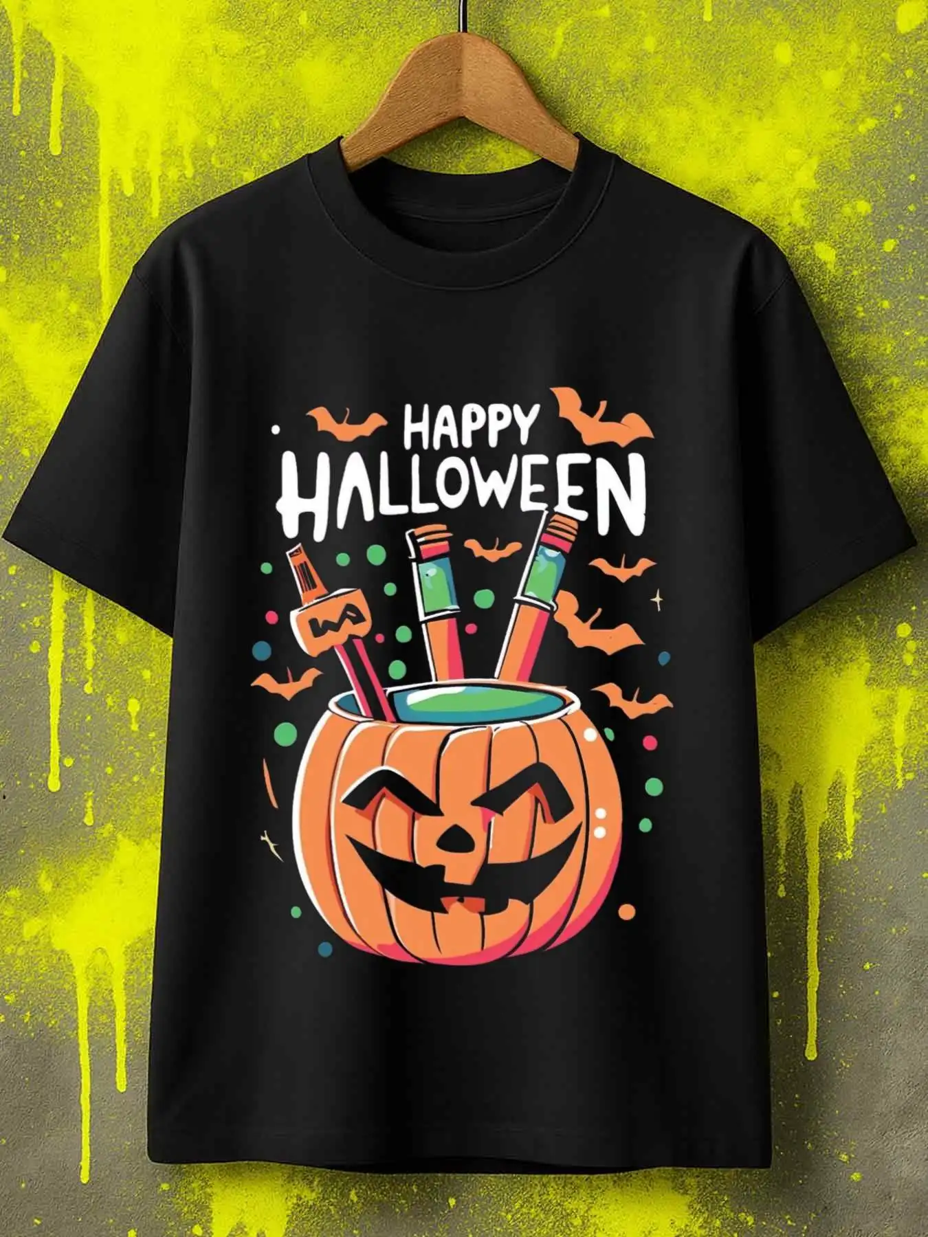 Funny Men's Black Graphic T-Shirt Happy Halloween Pumpkin Face Potion Bottles Flying Bats Colorful Letter Print 100% Cotton Heavyweight Short Sleeve Casual Streetwear Tee