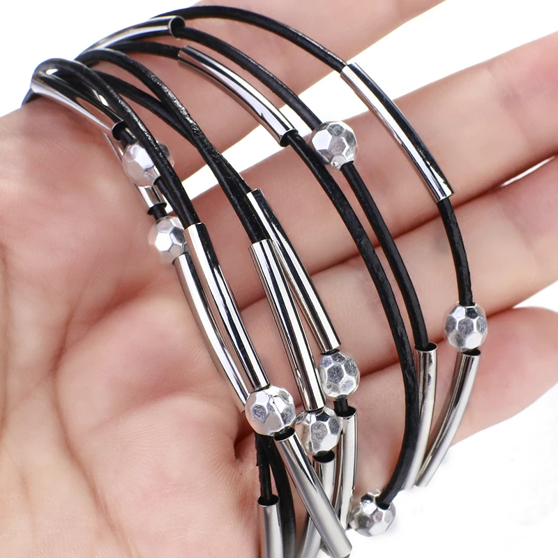 ALLYES Simple Handmade Black Leather Bracelets for Women Men Metal Beads Charm Multilayer Wrap Bracelet Female Jewelry