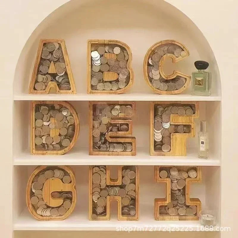 Wooden Piggy Bank Twenty-Six Letters Piggy Bank Ornament Transparent Acrylic Money Box Savings Bank For Kids Birthday Gifts