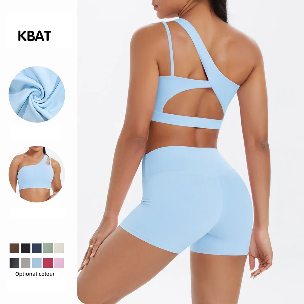 

2025 Summer Women's Slant Shoulder Back Yoga Bra Naked Sports Underwear Strap Running Fitness Vest Shorts Set for Women