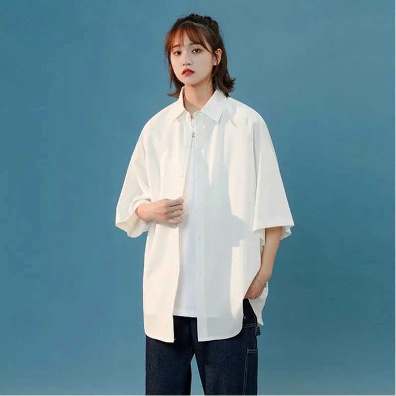 Summer New Short Sleeve Black Loose Blouse Polo Neck Solid Color Simplicity Street Casual Shirt Tops Vintage Trend Women Clothes