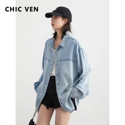 CHIC VEN Women Shirt Blue Long Sleeve Loose Casual Single Breasted Split Embroidery Denim Blouses Female Tops Spring Autumn 2024