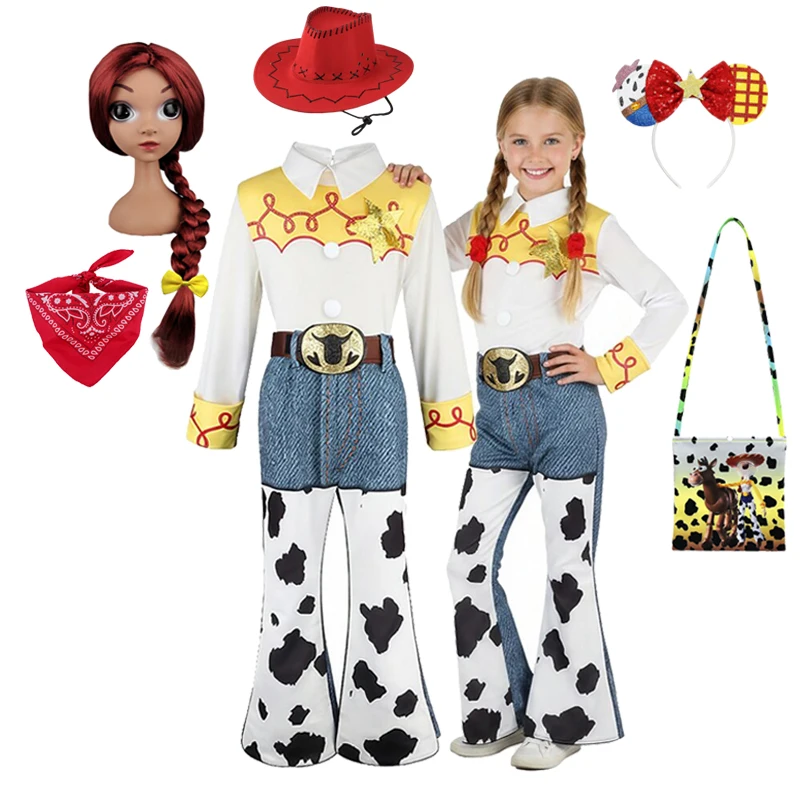 2026 Jessie Cowgirl Costume 2 Piece Set Sleeve shirt Cow Print Flared Pants Kids Cosplay Outfit Halloween Carnival Casual Wear