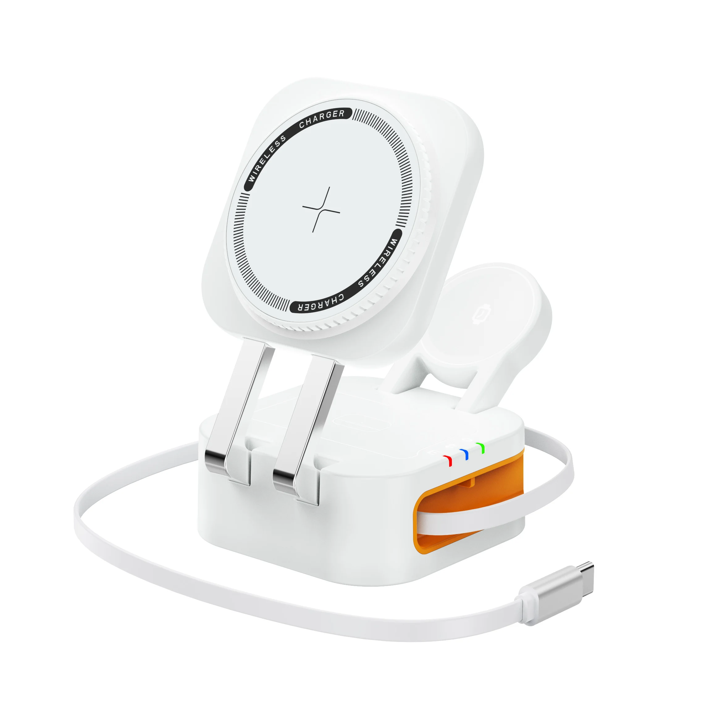3in1 Portable 15W Wireless Charging Cradle with Retractable Cable Magnetic Fast Charging Unit For iPhone 16 15 14 Pro Max